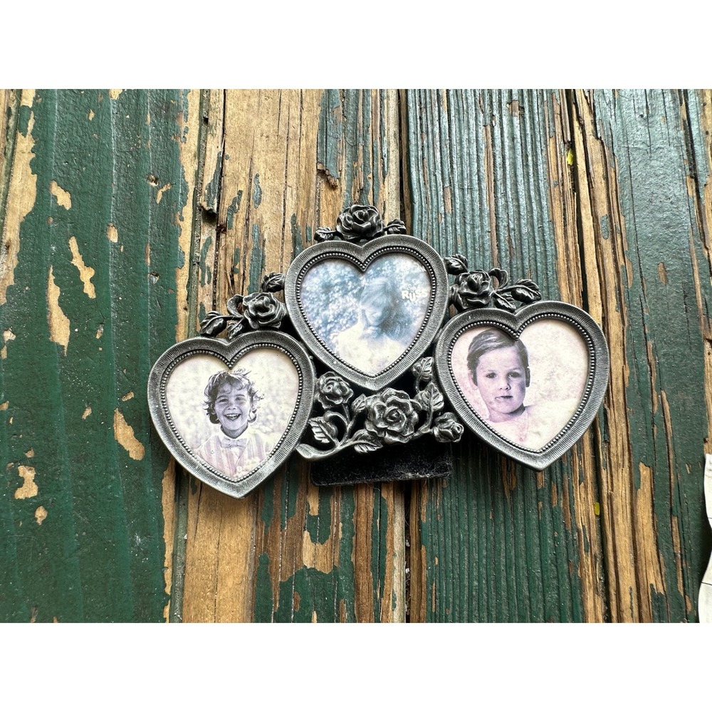 Russ Berrie Vintage Pewter Heart Triple Picture Frame Roses Floral Tabletop 6x4